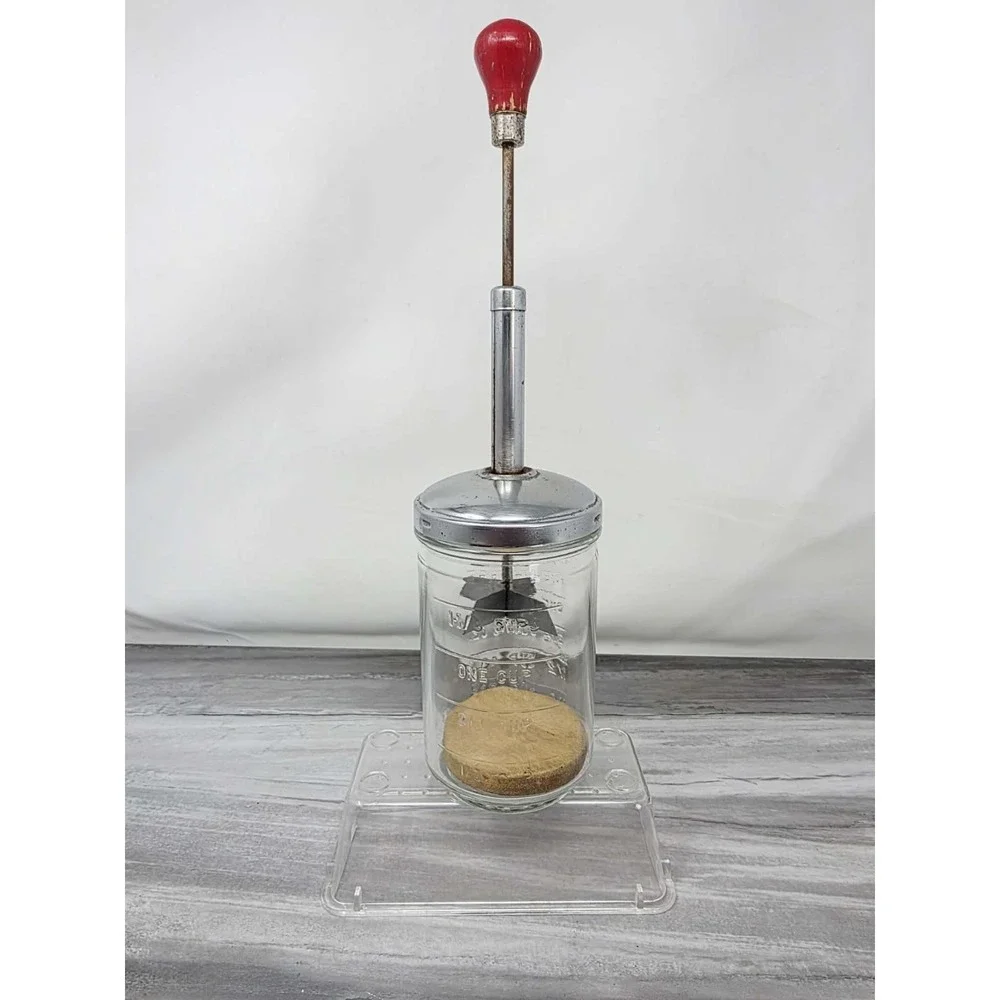 Vintage 1950s MCM Hazel Atlas Glass and Red Metal Hand Chopper Nuts Veggies‎